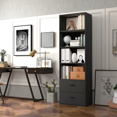 6-Tier Tall Freestanding Bookshelf with 4 Open Shelves and 2 Drawers-Black
