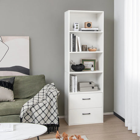 6-Tier Tall Freestanding Bookshelf with 4 Open Shelves and 2 Drawers-White