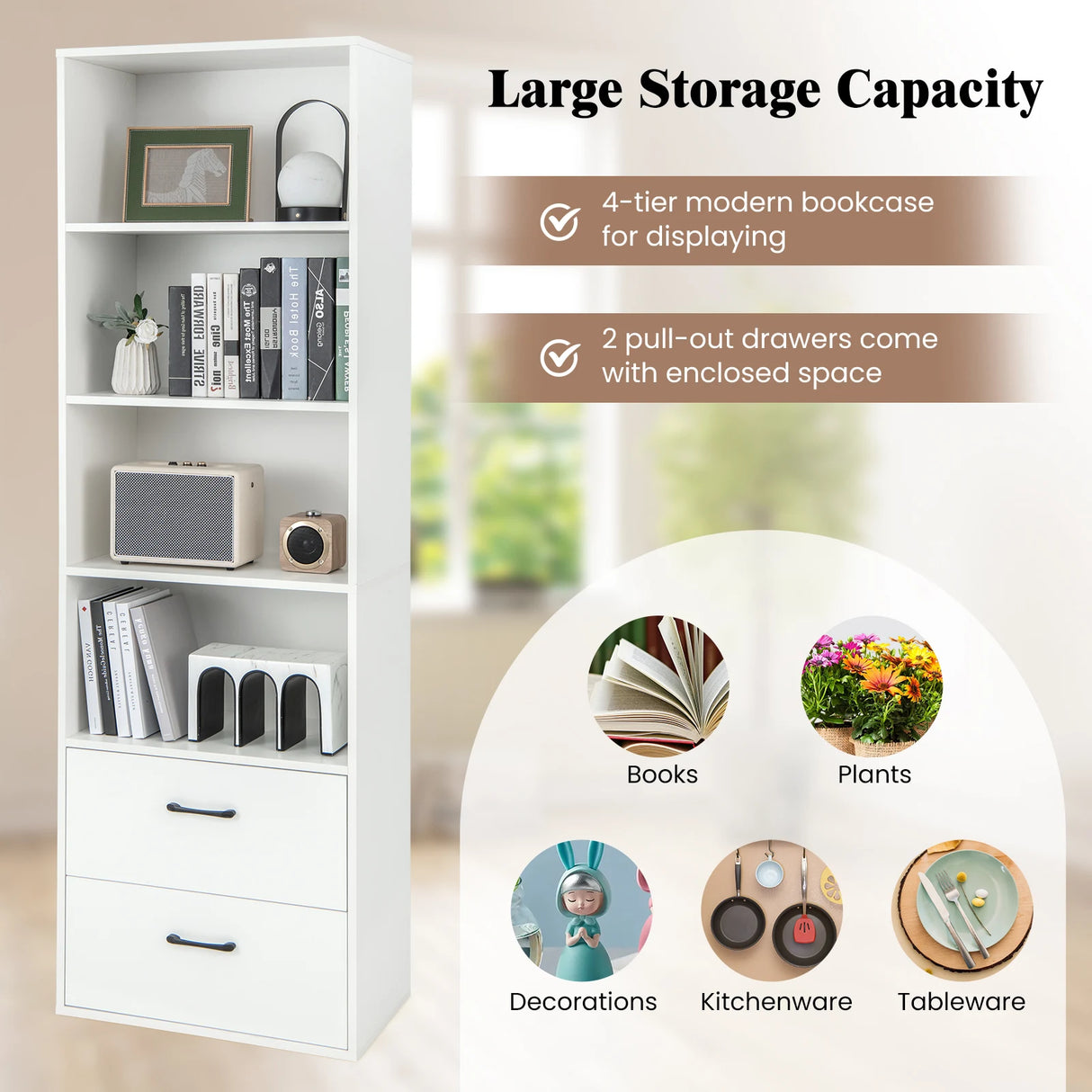 6-Tier Tall Freestanding Bookshelf with 4 Open Shelves and 2 Drawers-White