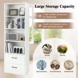6-Tier Tall Freestanding Bookshelf with 4 Open Shelves and 2 Drawers-White