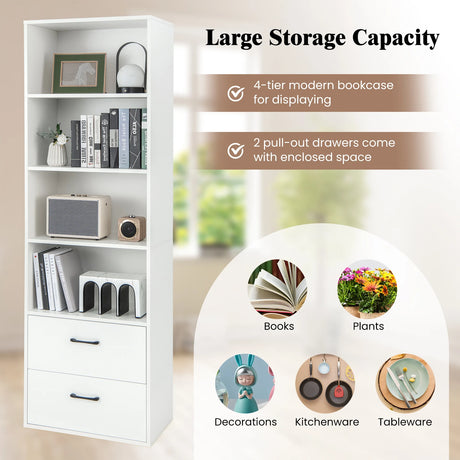 6-Tier Tall Freestanding Bookshelf with 4 Open Shelves and 2 Drawers-White