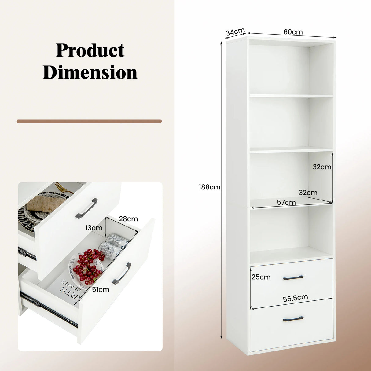 6-Tier Tall Freestanding Bookshelf with 4 Open Shelves and 2 Drawers-White