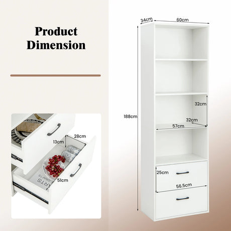 6-Tier Tall Freestanding Bookshelf with 4 Open Shelves and 2 Drawers-White