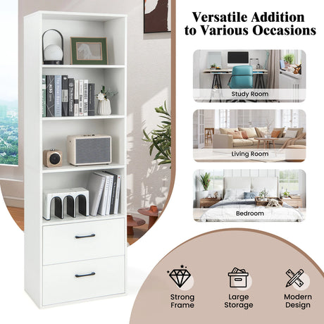 6-Tier Tall Freestanding Bookshelf with 4 Open Shelves and 2 Drawers-White