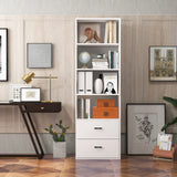 6-Tier Tall Freestanding Bookshelf with 4 Open Shelves and 2 Drawers-White