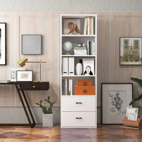 6-Tier Tall Freestanding Bookshelf with 4 Open Shelves and 2 Drawers-White