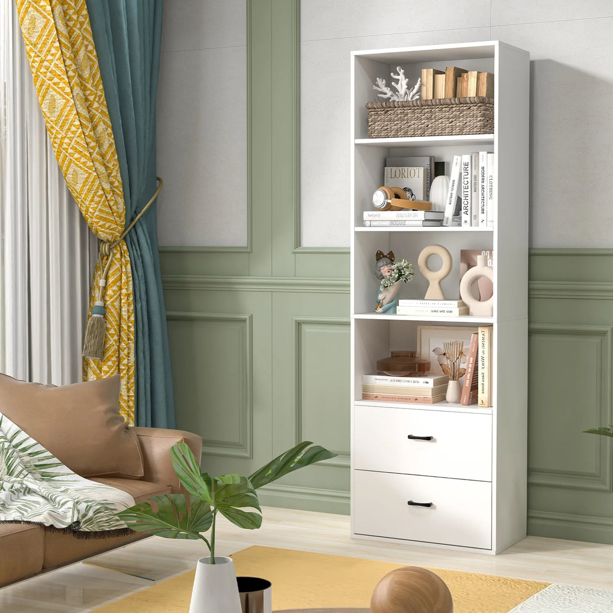 6-Tier Tall Freestanding Bookshelf with 4 Open Shelves and 2 Drawers-White