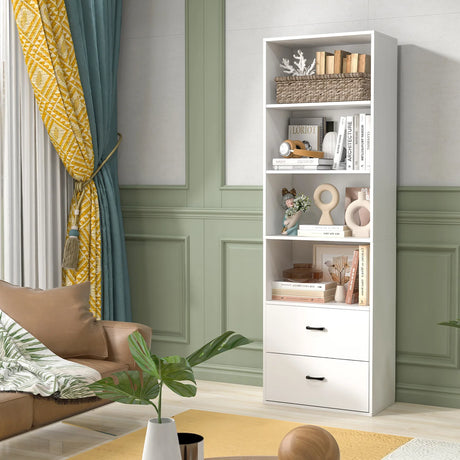 6-Tier Tall Freestanding Bookshelf with 4 Open Shelves and 2 Drawers-White