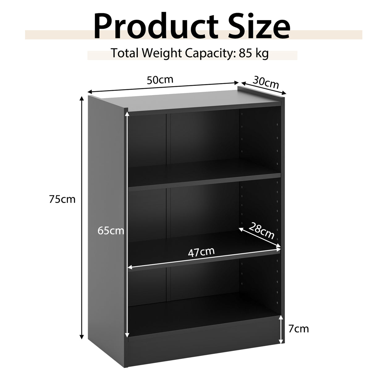 3-Tier Bookcase Open Display Rack Cabinet with Adjustable Shelves-Black