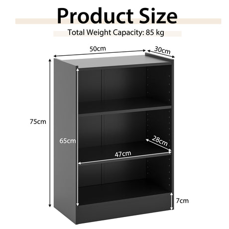 3-Tier Bookcase Open Display Rack Cabinet with Adjustable Shelves-Black