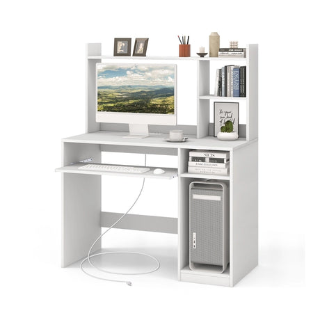 Home Office Computer Desk with Bookcase Keyboard Tray and CPU Stand-White