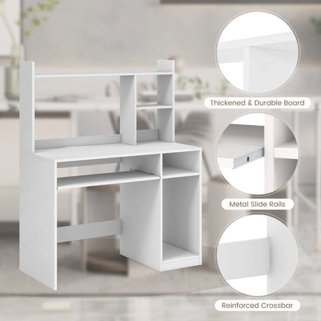 Home Office Computer Desk with Bookcase Keyboard Tray and CPU Stand-White