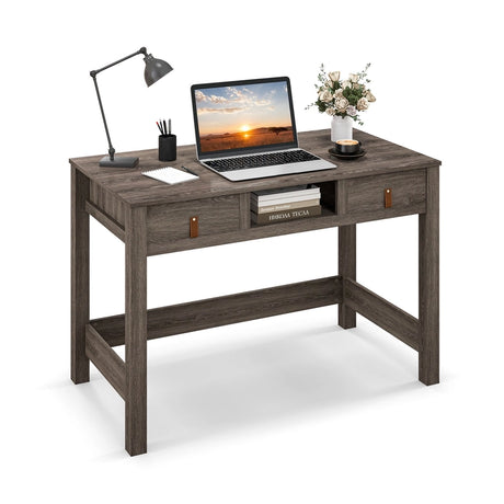 Mid-century Computer Desk with 2 Drawers and Cubby-Oak