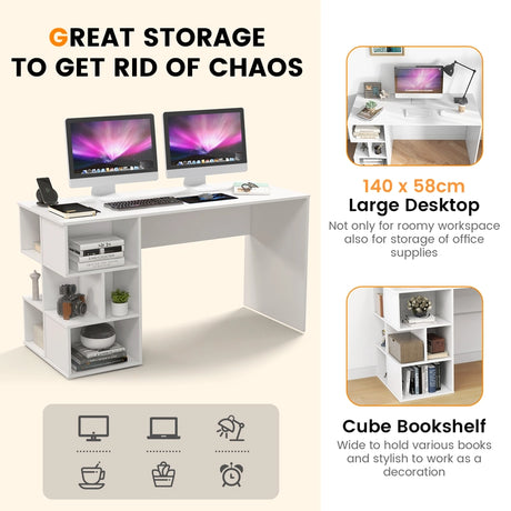 Modern Computer Desk with 3 Tier Storage Shelves for Home Office-White
