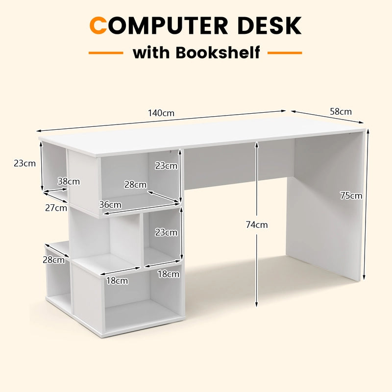 Modern Computer Desk with 3 Tier Storage Shelves for Home Office-White