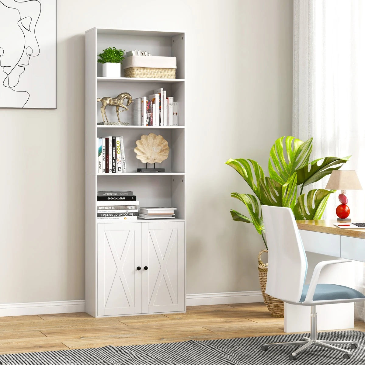180cm Farmhouse Bookcase with Doors & 6 Shelves & 2-Door Cabinet