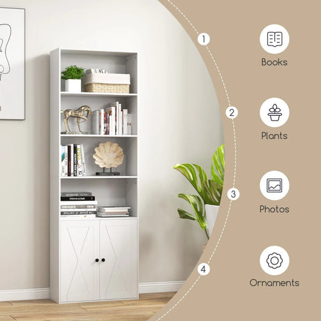 180cm Farmhouse Bookcase with Doors & 6 Shelves & 2-Door Cabinet