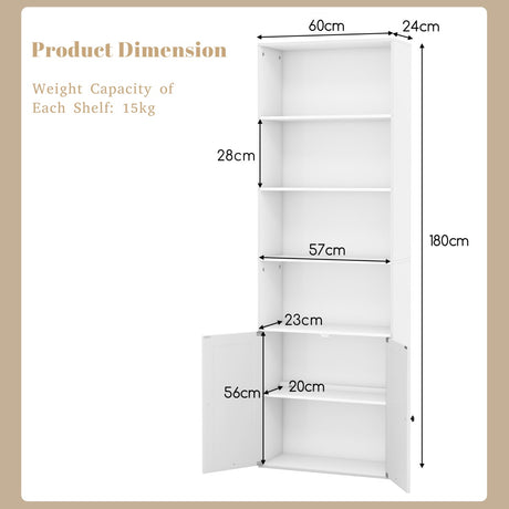 180cm Farmhouse Bookcase with Doors & 6 Shelves & 2-Door Cabinet