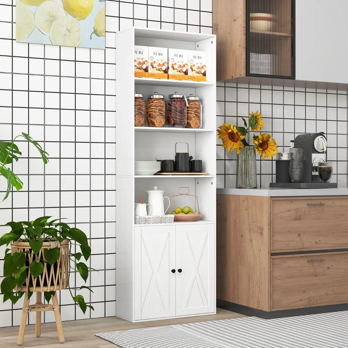 180cm Farmhouse Bookcase with Doors & 6 Shelves & 2-Door Cabinet