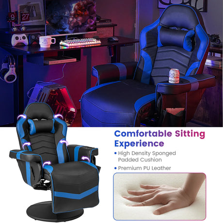 Electric Massage Gaming Chair with Cup Holder and Side Pouch-Blue