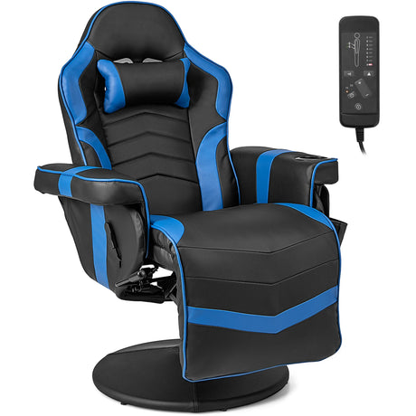Electric Massage Gaming Chair with Cup Holder and Side Pouch-Blue