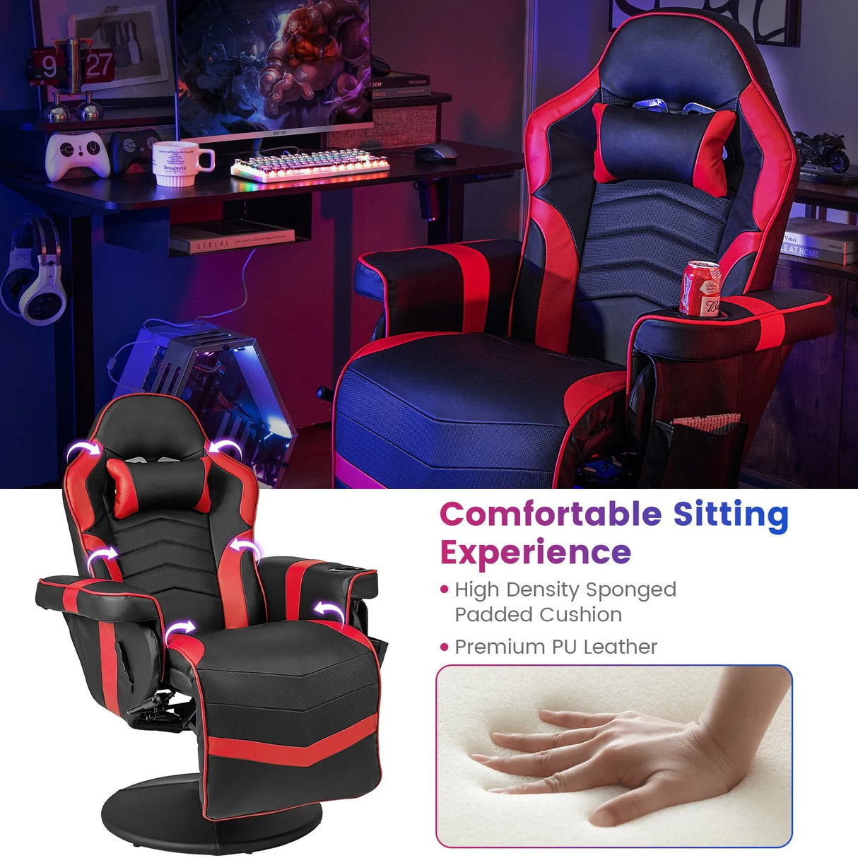 Electric Massage Gaming Chair with Cup Holder and Side Pouch-Red