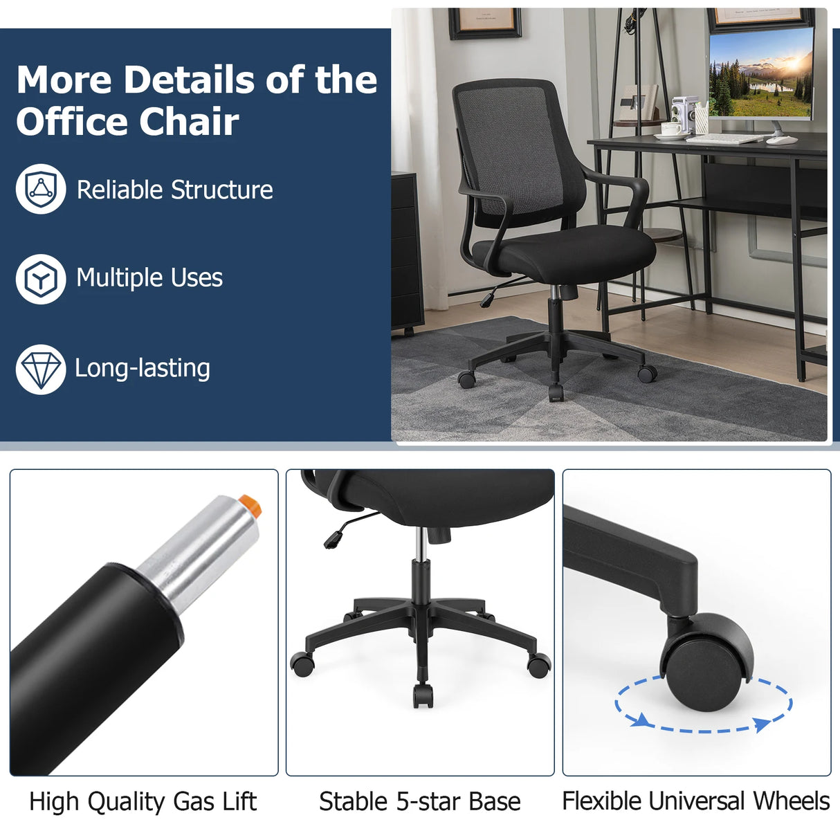 Modern Breathable Mesh Chair with Curved Backrest and Armrest-Black