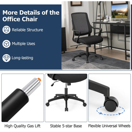 Modern Breathable Mesh Chair with Curved Backrest and Armrest-Black