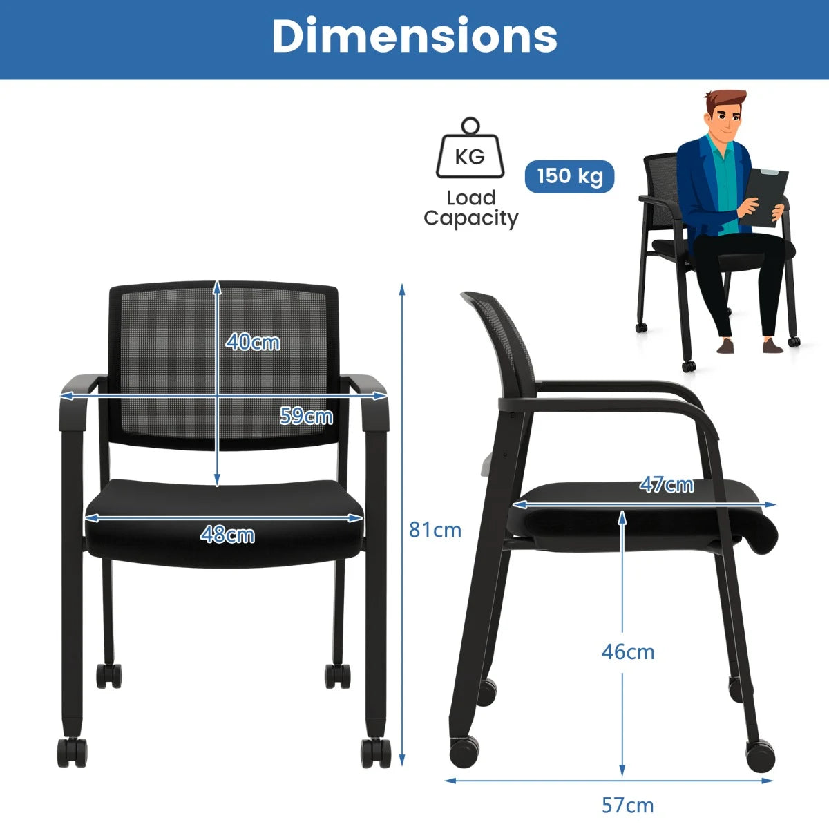 Set of 2 Stackable Rolling Office Chairs with Mesh Backrest-Black