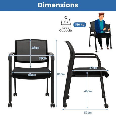 Set of 2 Stackable Rolling Office Chairs with Mesh Backrest-Black