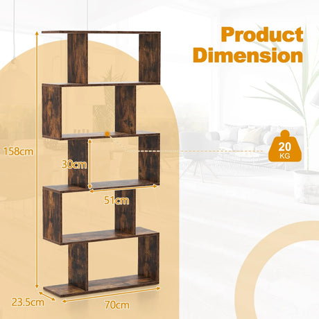 5-Tier Bookshelf with Anti-Toppling Device for Living Room Home Office-Rustic Brown