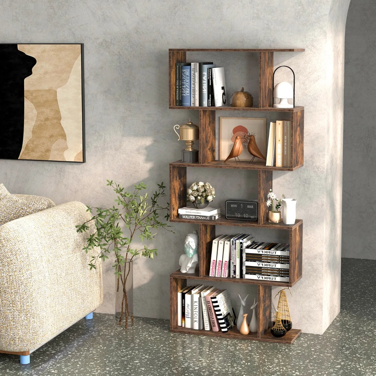 5-Tier Bookshelf with Anti-Toppling Device for Living Room Home Office-Rustic Brown