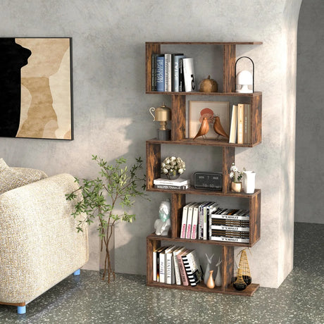 5-Tier Bookshelf with Anti-Toppling Device for Living Room Home Office-Rustic Brown