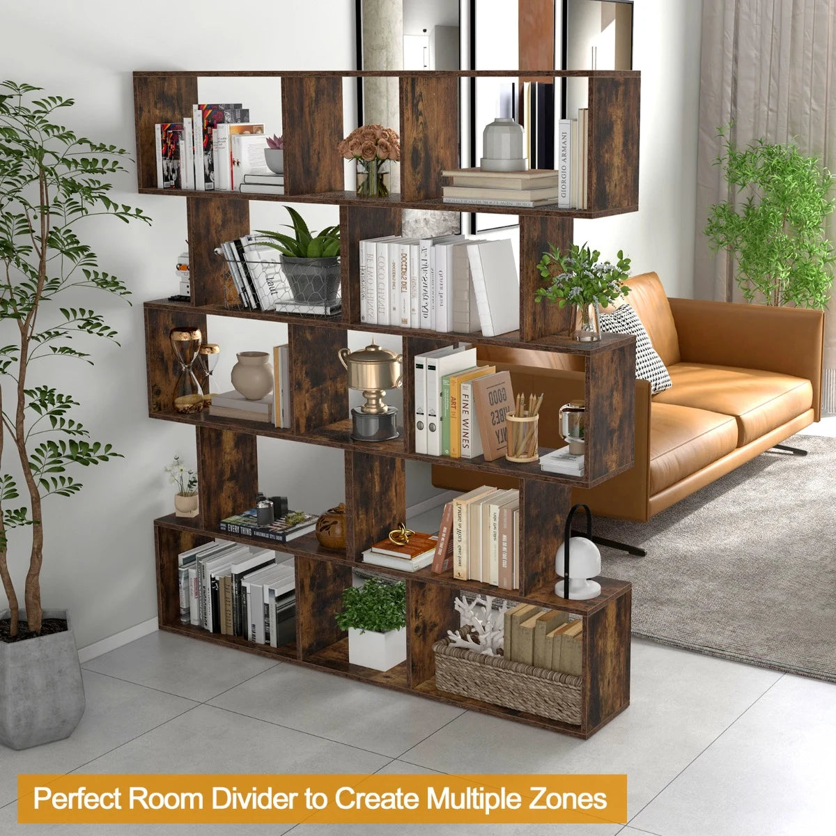 5-Tier Bookshelf with Anti-Toppling Device for Living Room Home Office-Rustic Brown