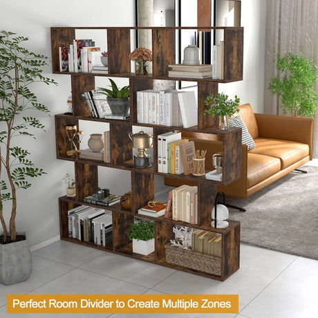 5-Tier Bookshelf with Anti-Toppling Device for Living Room Home Office-Rustic Brown