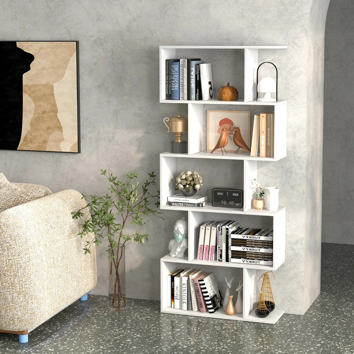 5-Tier Bookshelf with Anti-Toppling Device for Living Room Home Office-White