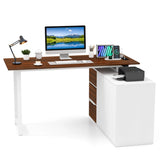 L-Shaped Desk with File Cabinet and Power Outlet-Natural and White