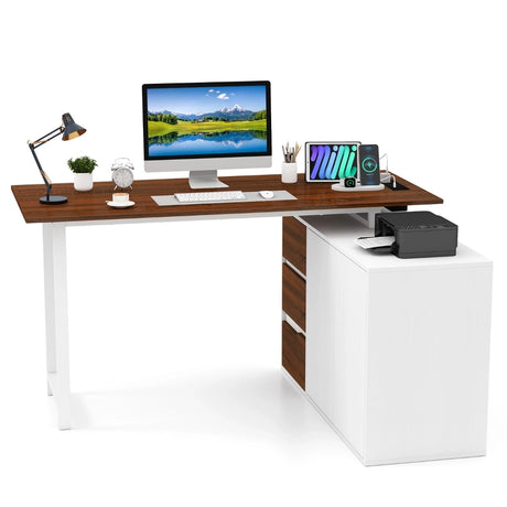 L-Shaped Desk with File Cabinet and Power Outlet-Natural and White