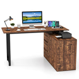 L-Shaped Desk with File Cabinet and Power Outlet-Black and Brown