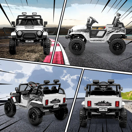 AIYAPLAY 12V Battery Powered Kids Ride-On Car, Electric Truck w/ Spring Suspension, Remote, Music, Horn, Lights, White