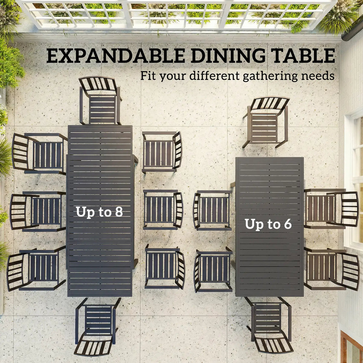 Outsunny Extending Garden Table for 6-8 People, Full Aluminium Outdoor Dining Table with Slatted Top, Dark Grey