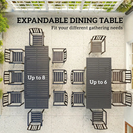 Outsunny Extending Garden Table for 6-8 People, Full Aluminium Outdoor Dining Table with Slatted Top, Dark Grey