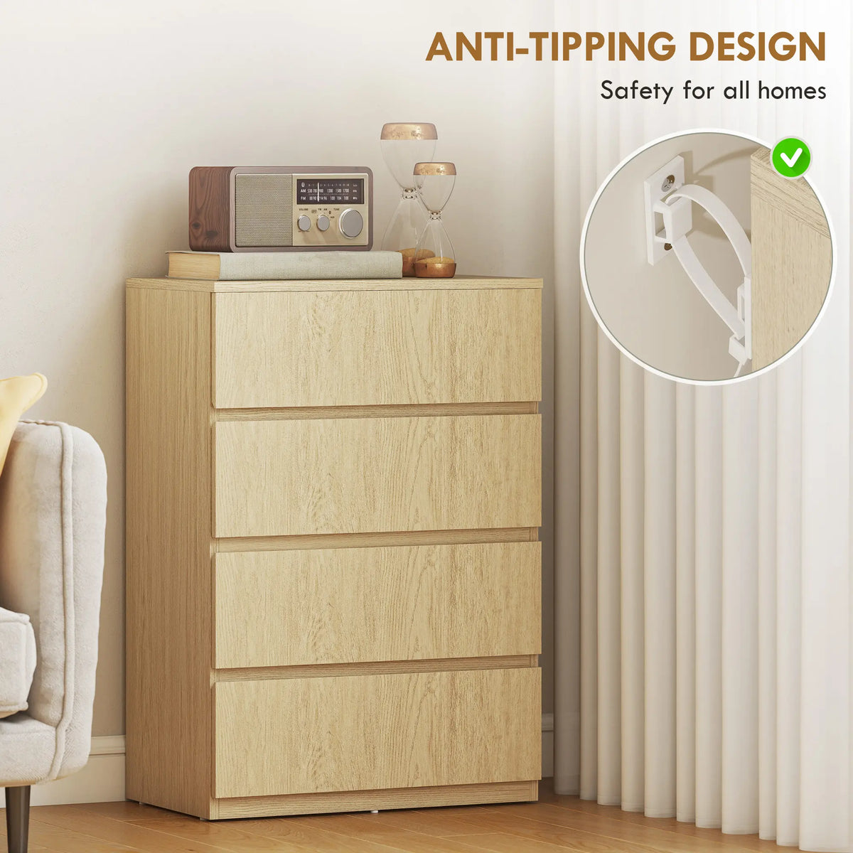 HOMCOM Chest of Drawers, 4-Drawer Storage Cabinets, Modern Dresser, Storage Drawer Unit for Bedroom