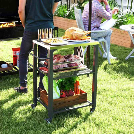 Outsunny Three-Shelf Outdoor Grill Cart with Stainless Steel Top, Outdoor Kitchen Island with 4 Wheels, 3 Hooks, Movable Food Prep Pizza Oven Table for Kitchen, Patio, Garden, 65.5 x 41 x 79 cm