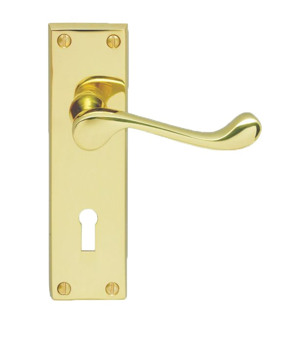 VICTORIAN SCROLL LEVER ON BACKPLATE - LOCK 57MM C/C (CONTRACT RANGE) - POLISHED BRASS - 155MM X 40MM - PAIR