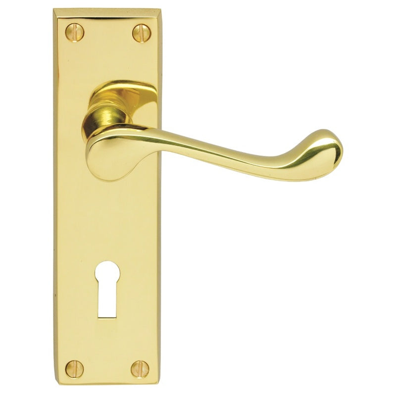 VICTORIAN SCROLL LEVER ON BACKPLATE - LOCK 57MM C/C - POLISHED BRASS - 150MM X 43MM - PAIR