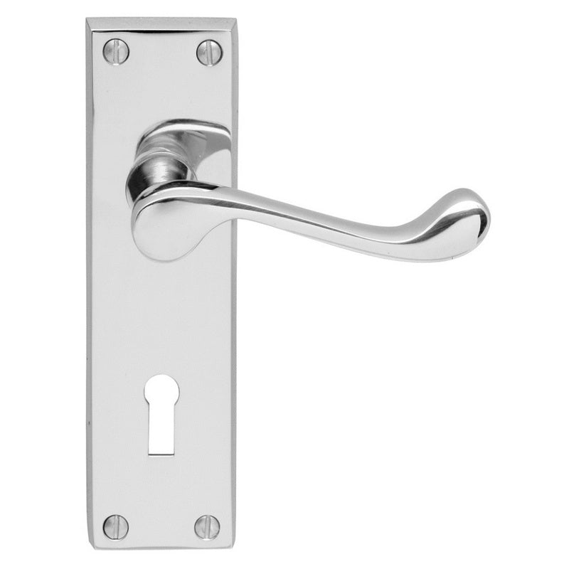 VICTORIAN SCROLL LEVER ON BACKPLATE - LOCK 57MM C/C (CONTRACT RANGE) - POLISHED CHROME - 155MM X 40MM - PAIR