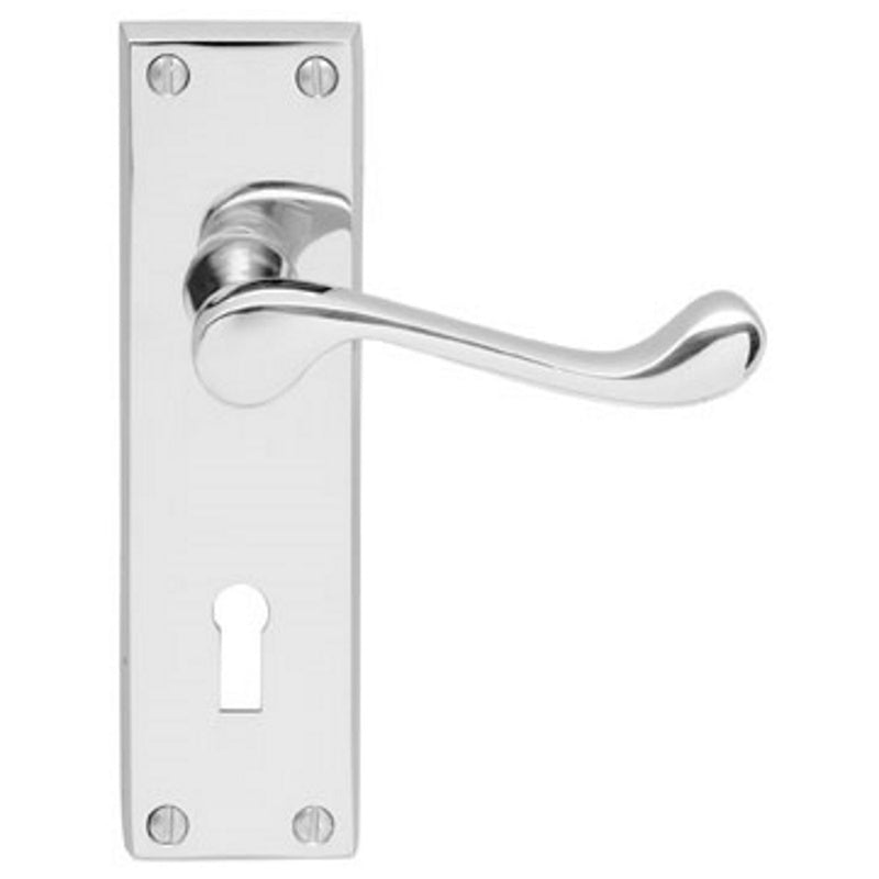 VICTORIAN SCROLL LEVER ON BACKPLATE - LOCK 57MM C/C - POLISHED CHROME - 150MM X 43MM - PAIR