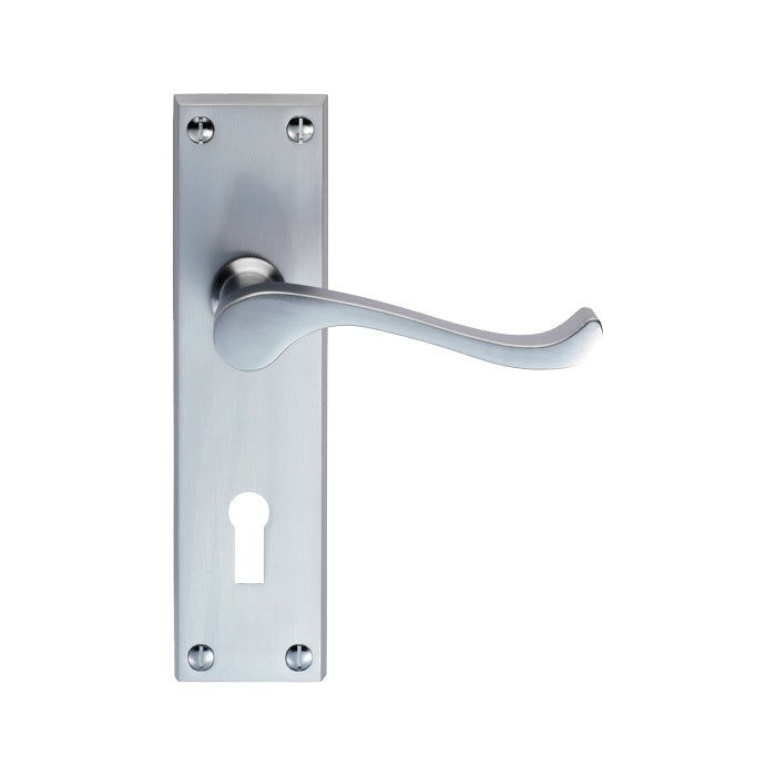 VICTORIAN SCROLL LEVER ON BACKPLATE - LOCK 57MM C/C (CONTRACT RANGE) - SATIN CHROME - 155MM X 40MM - PAIR