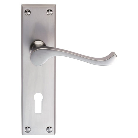 VICTORIAN SCROLL LEVER ON BACKPLATE - LOCK 57MM C/C - SATIN CHROME - 150MM X 43MM - PAIR